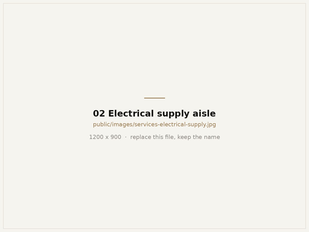 Electrical supply aisle stocked with wire, breakers, conduit and fittings